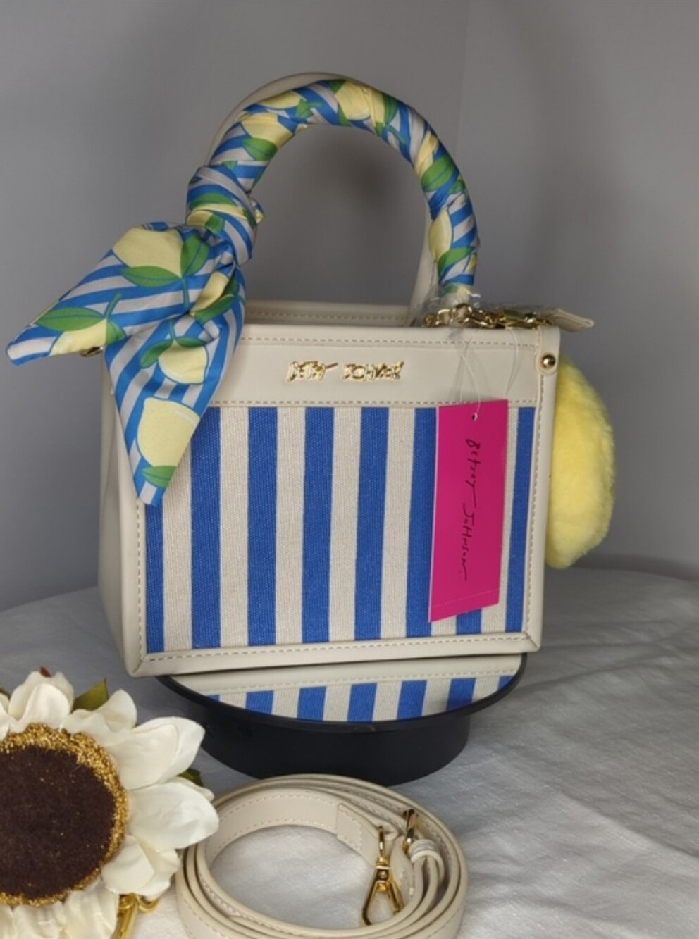 Betsey Johnson- "XO Lucy" Nautical Striped Lemon 🍋 Mini Satchel Crossbody Bag💙 - Picture 2 of 8